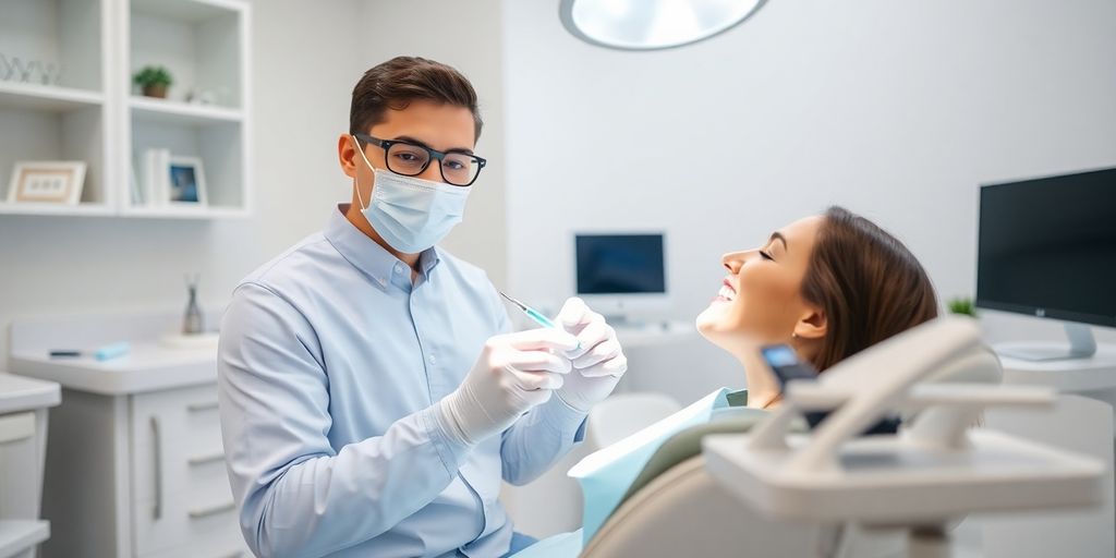 Dental office with equipment and a smiling dentist.