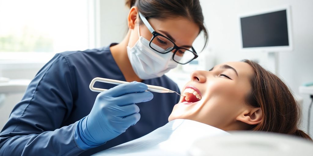 Dental hygienist cleaning a patients teeth in a clinic.