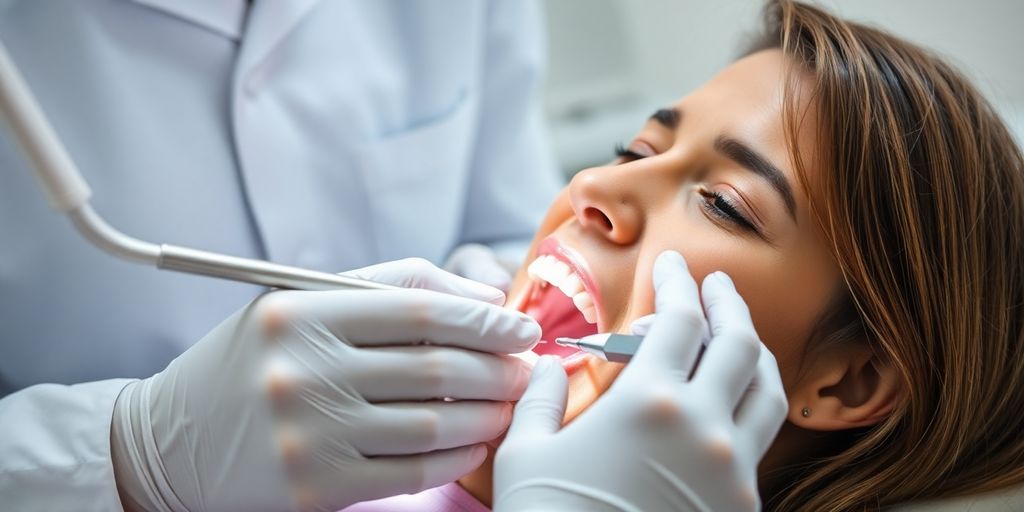 Dentist performing a dental implant procedure on a patient.